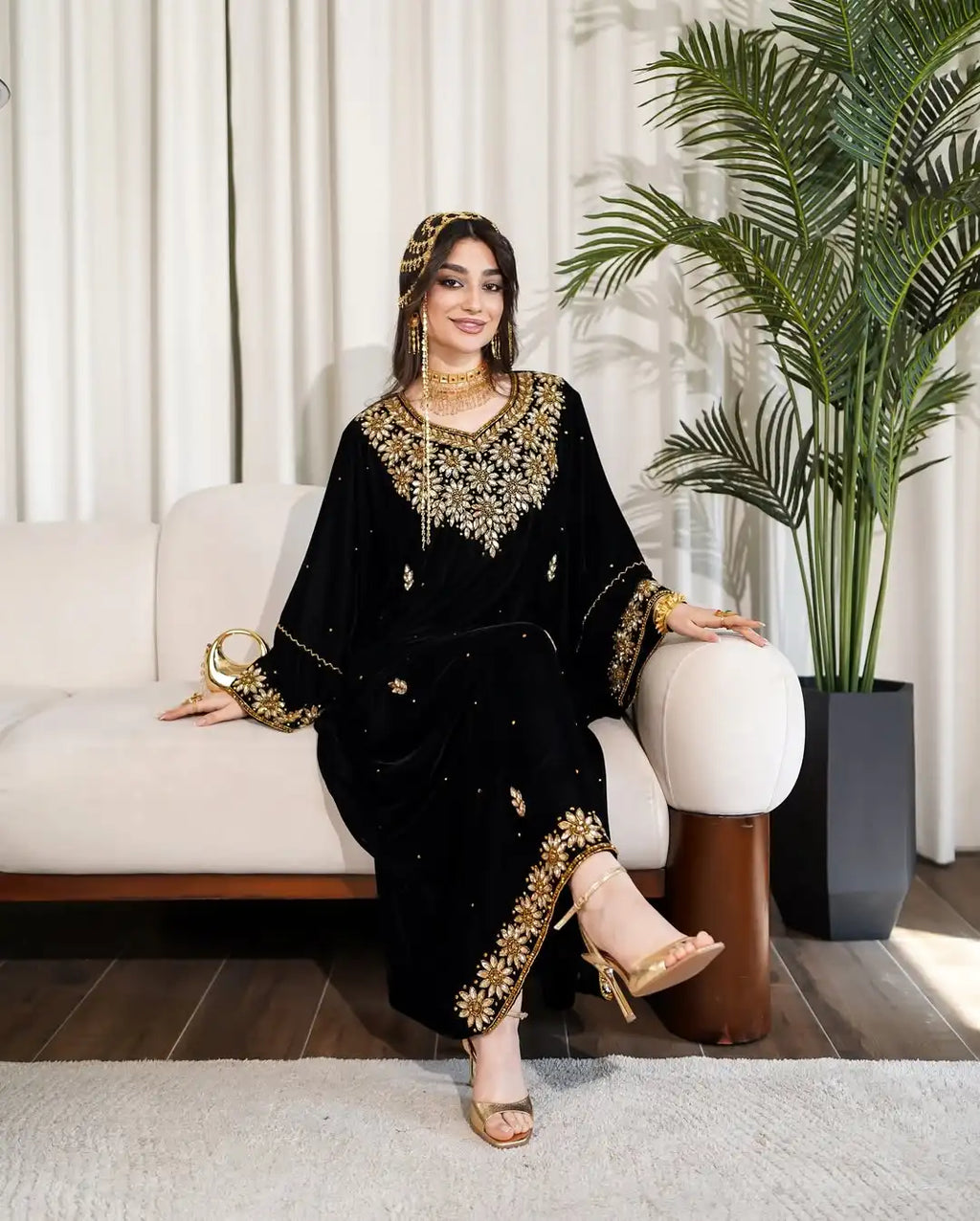 Dubai Panchulapa Embroidery Beaded Eco-Friendly Contrast Color Evening Partywear Straight Solid Satin Modest O-Neck Full Dress