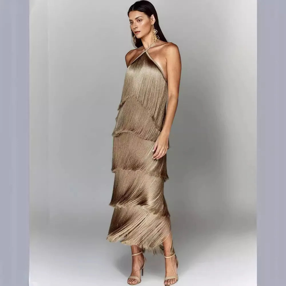 Boutique Wholesale 2026 Summer New Fashion Hanging Neck Tassel Open Back Slit Elegant Women's Dress