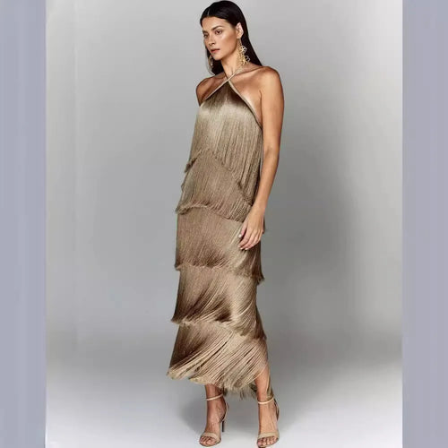 Boutique Wholesale 2026 Summer New Fashion Hanging Neck Tassel Open Back Slit Elegant Women's Dress