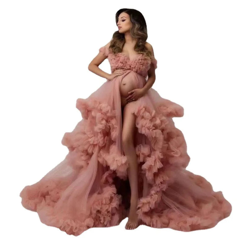 Pregnant Women Wedding Dress Low-cut Long Tail Gauze Maternity Dresstulle Ruffle Maternity Robe Photo Shoot Dress