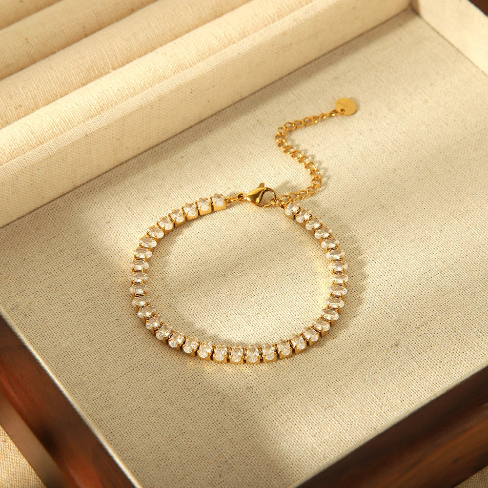 New Trendy Tarnish Free Luxury 18K Gold Plated Stainless Steel Oval Cubic Zircon Micro CZ Tennis Chain Bracelets for Women