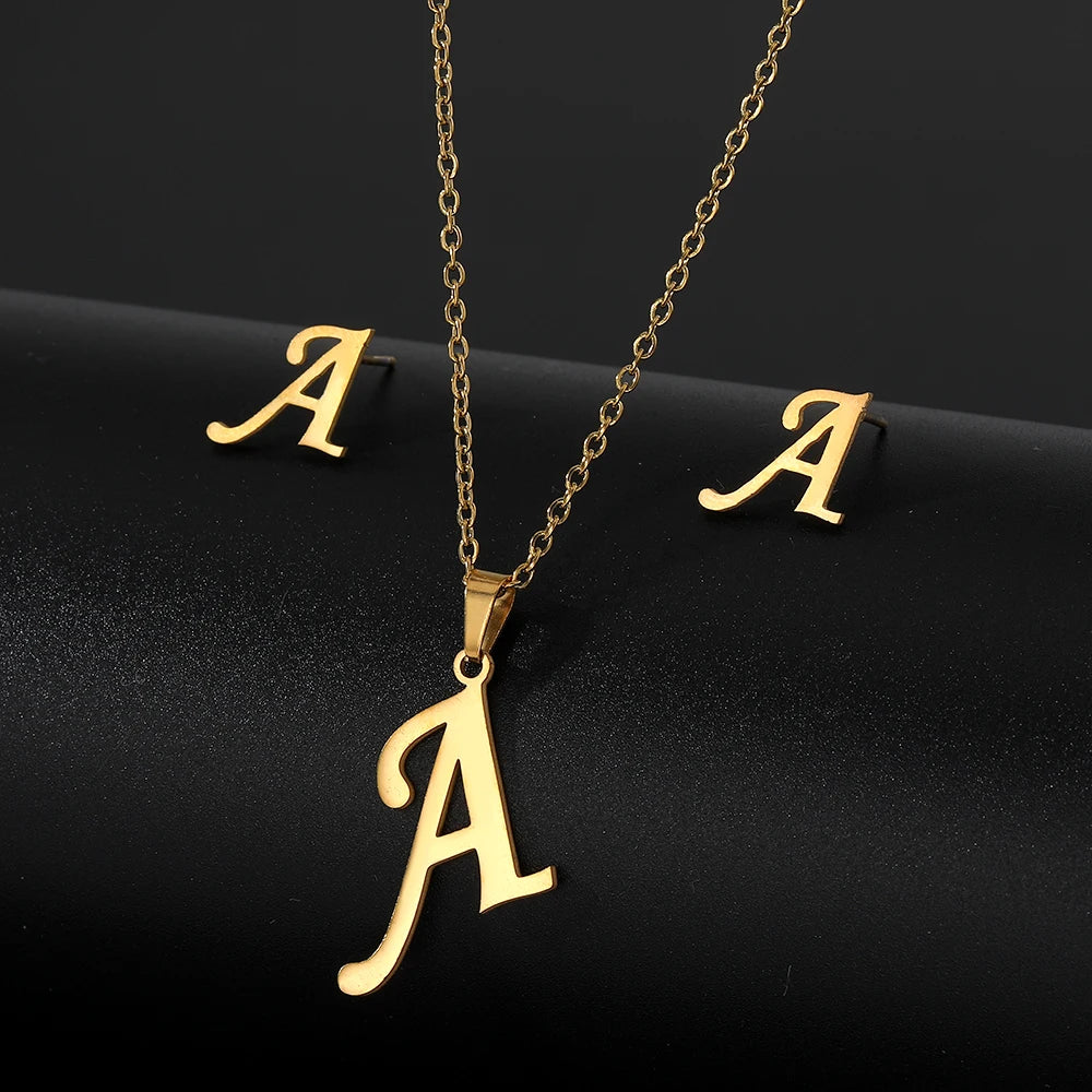 New Design Fashion Custom Letter Name Stainless Steel Earrings Necklace Jewelry Set Wholesale