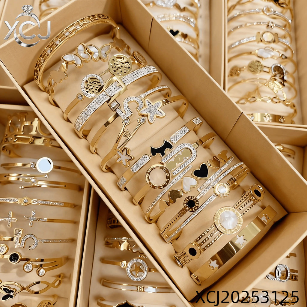Blind Box Mystery 12 Pcs Zircon 18K Gold PVD Stainless Steel Bracelets Assorted Styles Random Gift Set