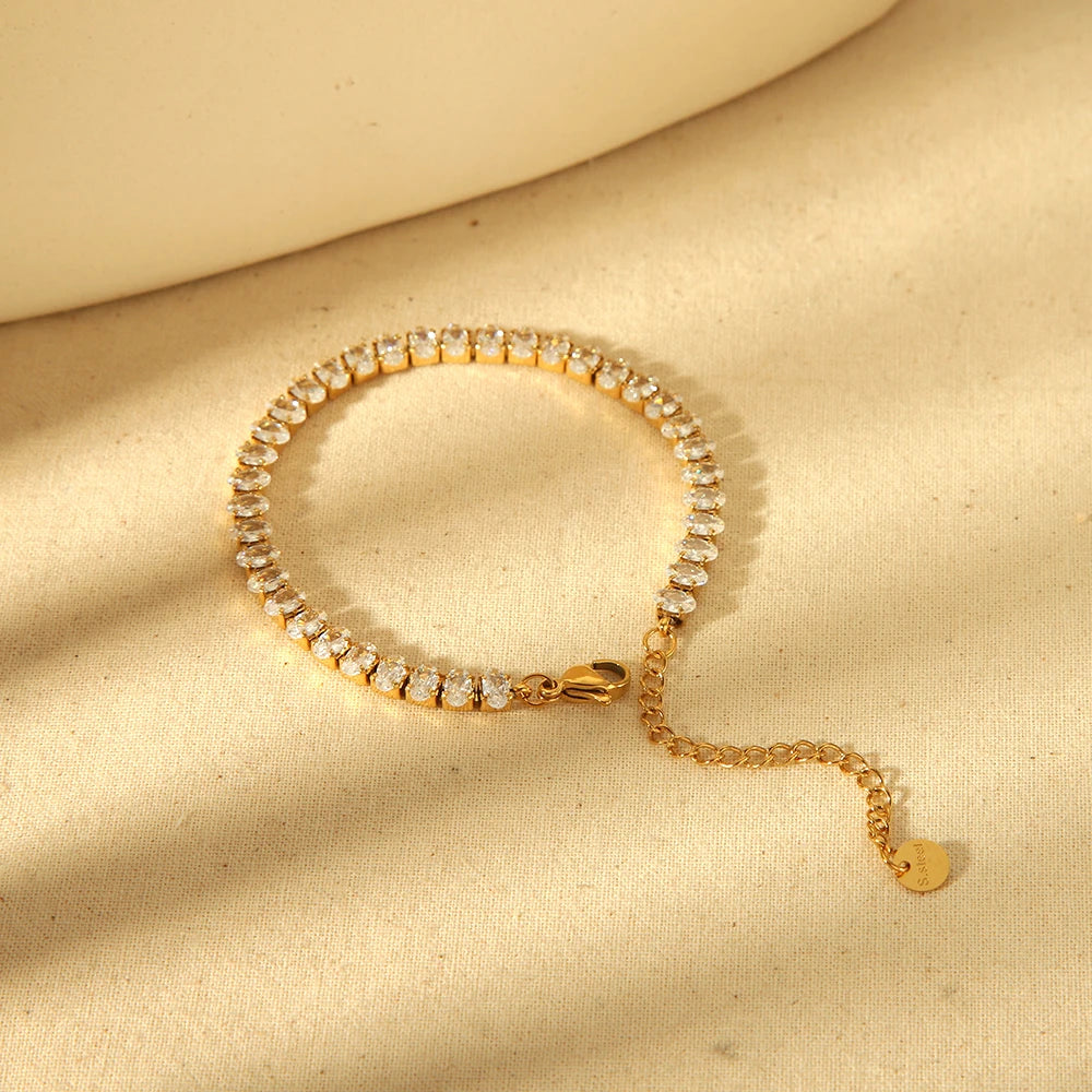 New Trendy Tarnish Free Luxury 18K Gold Plated Stainless Steel Oval Cubic Zircon Micro CZ Tennis Chain Bracelets for Women