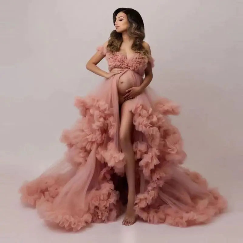 Pregnant Women Wedding Dress Low-cut Long Tail Gauze Maternity Dresstulle Ruffle Maternity Robe Photo Shoot Dress