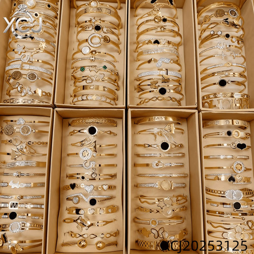 Blind Box Mystery 12 Pcs Zircon 18K Gold PVD Stainless Steel Bracelets Assorted Styles Random Gift Set