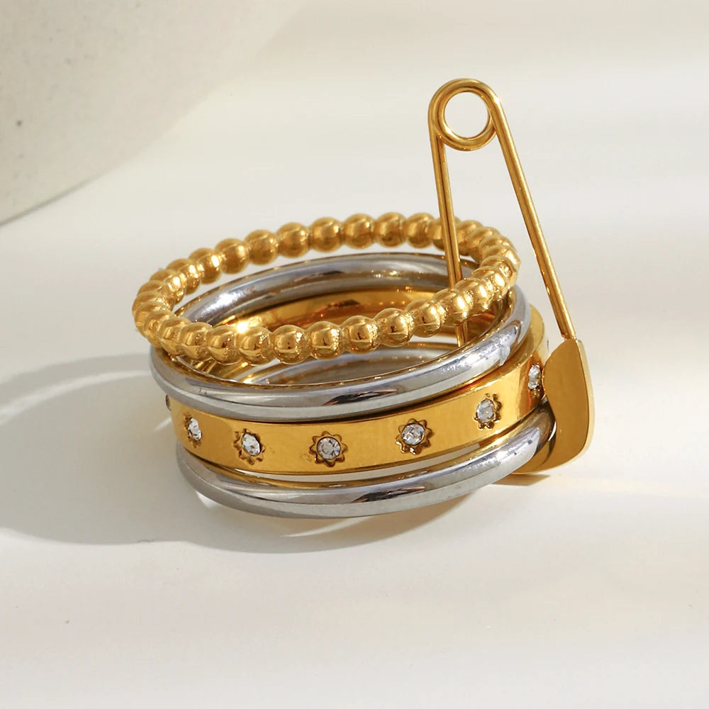 Dreamidea Gold Plated Stainless Steel Ring Set with Plain Bands and Crystal Accented Pieces Trendy Daily Wear Jewelry