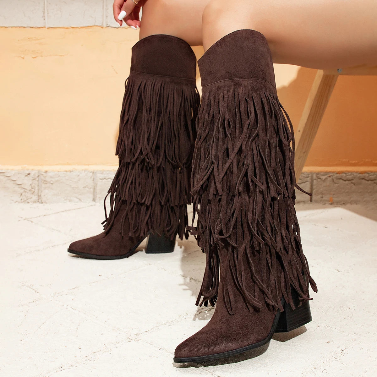 Autumn and Winter New Women's Long Boots with Pointed Tassels, Thick Heels, and High Heels, Casual Kick and Knee High Boots