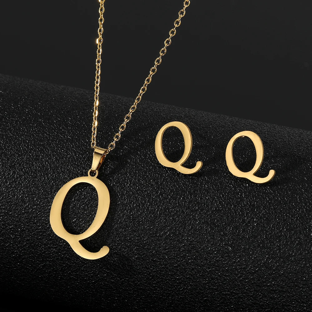 New Design Fashion Custom Letter Name Stainless Steel Earrings Necklace Jewelry Set Wholesale