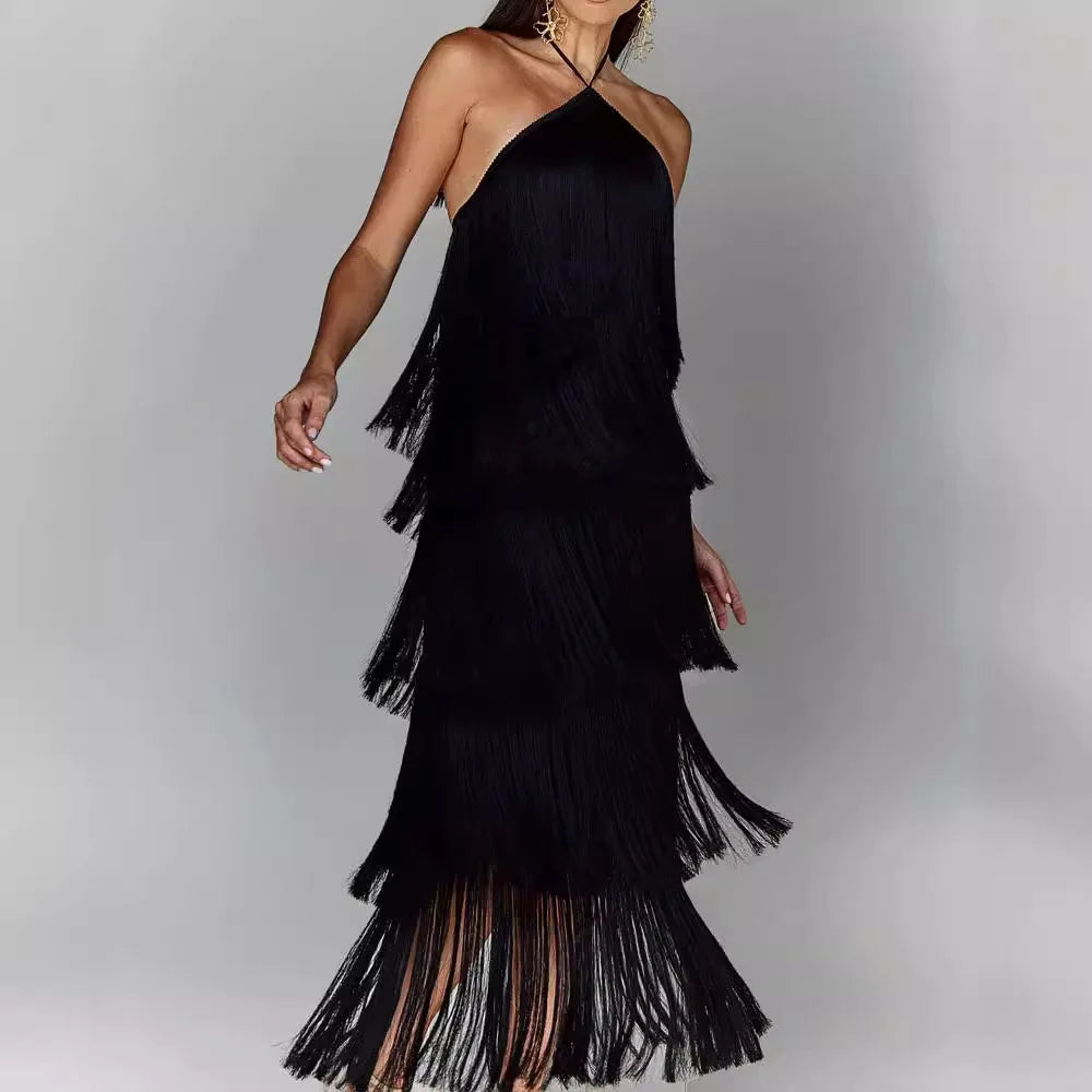 Boutique Wholesale 2026 Summer New Fashion Hanging Neck Tassel Open Back Slit Elegant Women's Dress