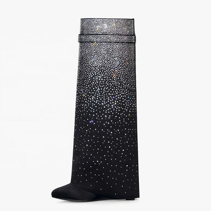 Lock Shark Wedge Heels Overlay Long Boots Knee High Booties Women Round Toe Bling Diamonds Pants Shoes for Lady