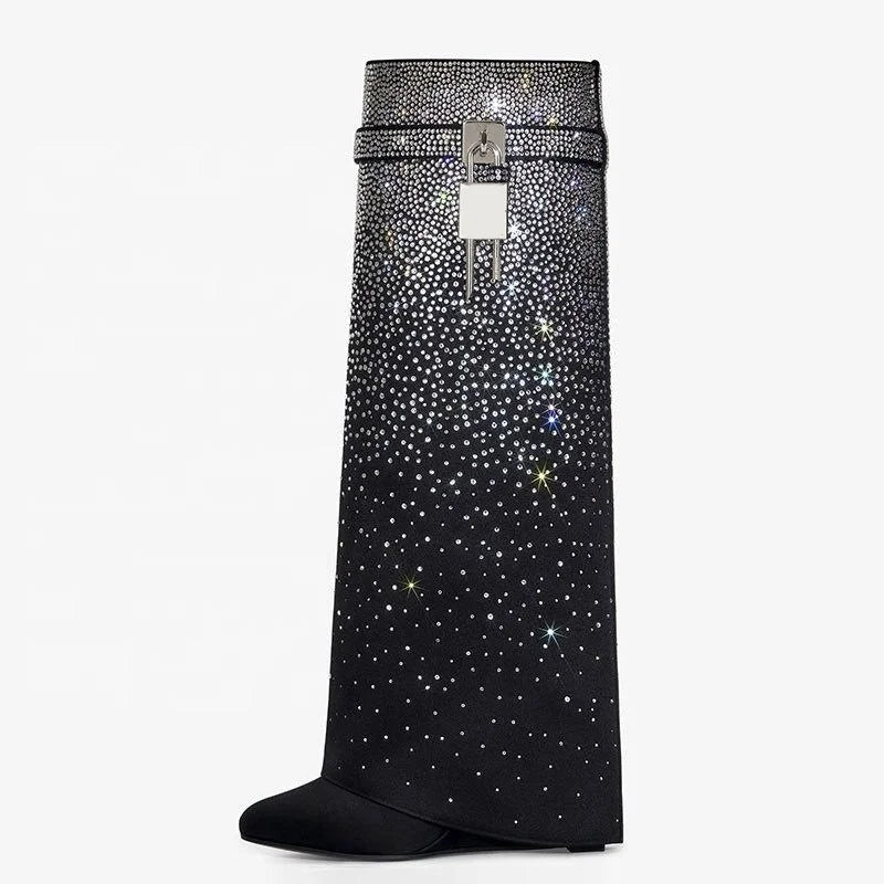 Lock Shark Wedge Heels Overlay Long Boots Knee High Booties Women Round Toe Bling Diamonds Pants Shoes for Lady