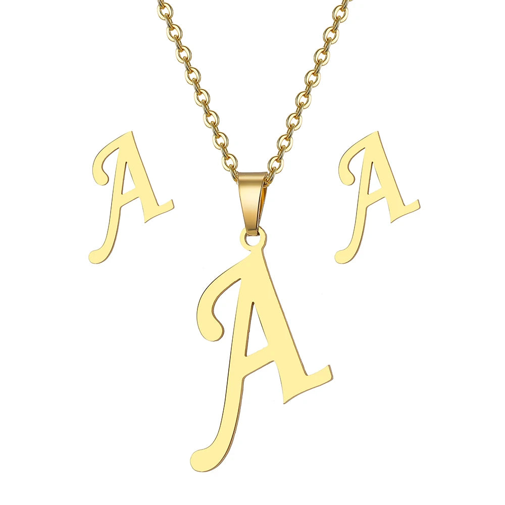 New Design Fashion Custom Letter Name Stainless Steel Earrings Necklace Jewelry Set Wholesale