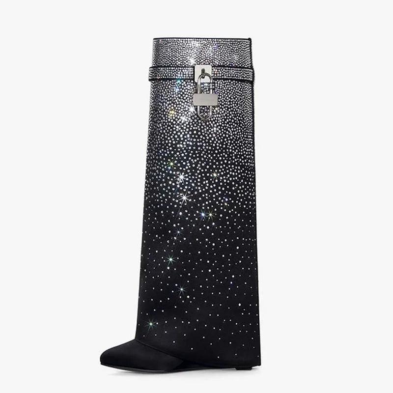 Lock Shark Wedge Heels Overlay Long Boots Knee High Booties Women Round Toe Bling Diamonds Pants Shoes for Lady