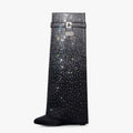 Lock Shark Wedge Heels Overlay Long Boots Knee High Booties Women Round Toe Bling Diamonds Pants Shoes for Lady