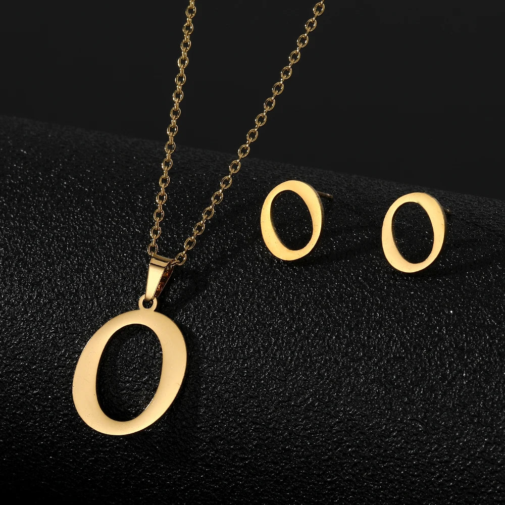 New Design Fashion Custom Letter Name Stainless Steel Earrings Necklace Jewelry Set Wholesale