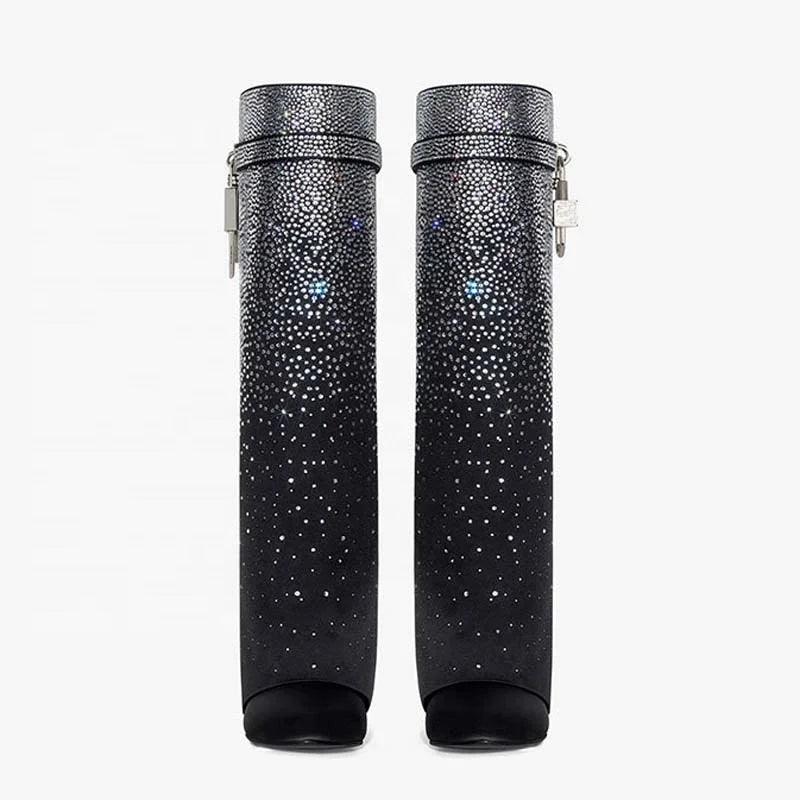 Lock Shark Wedge Heels Overlay Long Boots Knee High Booties Women Round Toe Bling Diamonds Pants Shoes for Lady