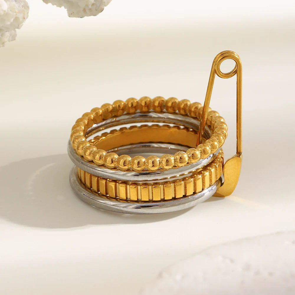 Dreamidea Gold Plated Stainless Steel Ring Set with Plain Bands and Crystal Accented Pieces Trendy Daily Wear Jewelry