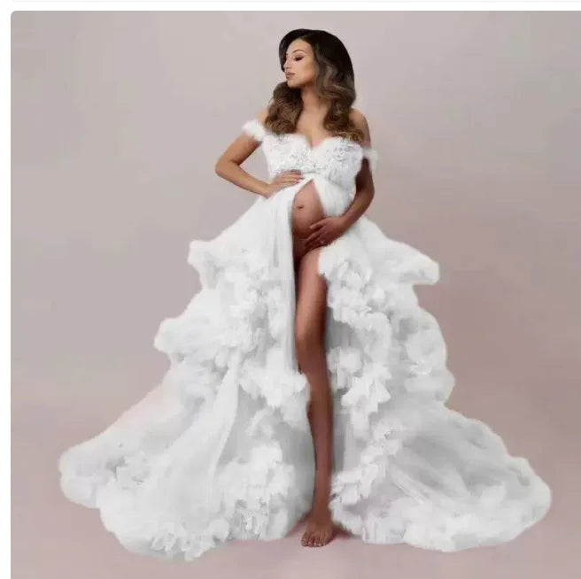 Pregnant Women Wedding Dress Low-cut Long Tail Gauze Maternity Dresstulle Ruffle Maternity Robe Photo Shoot Dress