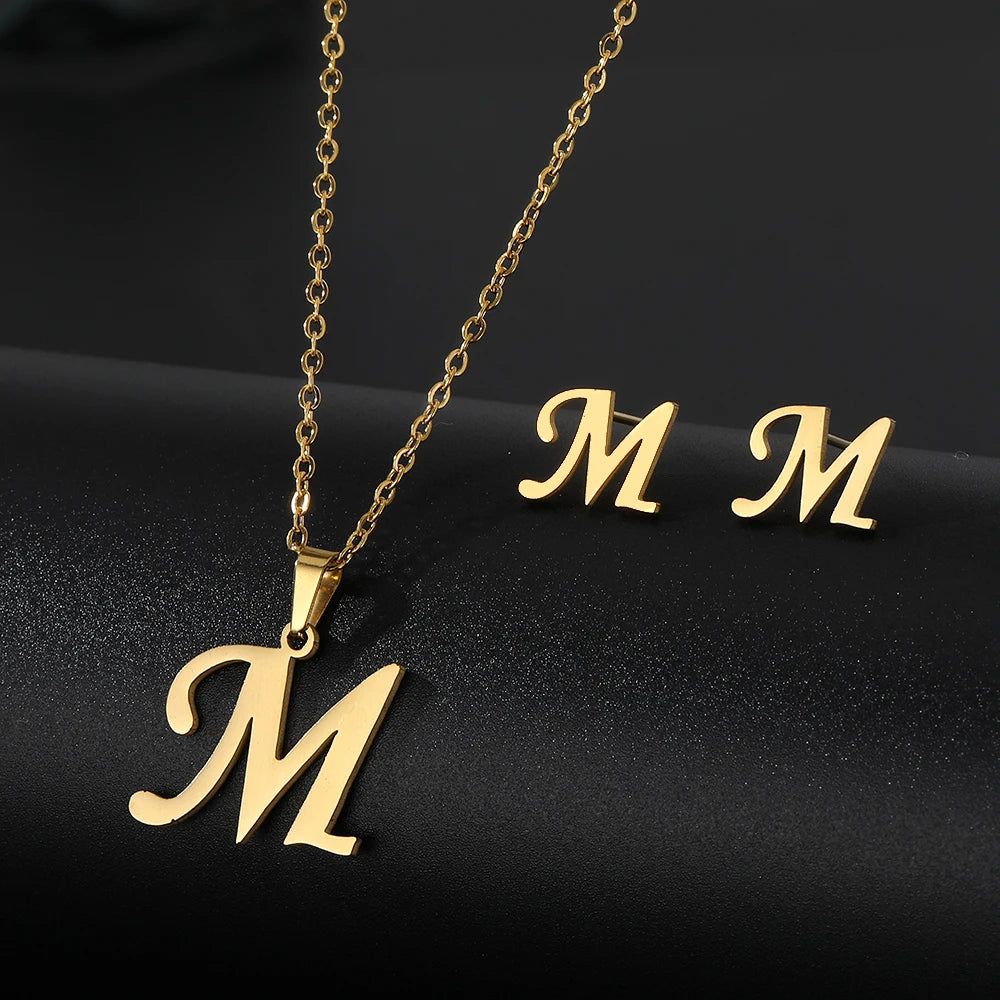 New Design Fashion Custom Letter Name Stainless Steel Earrings Necklace Jewelry Set Wholesale