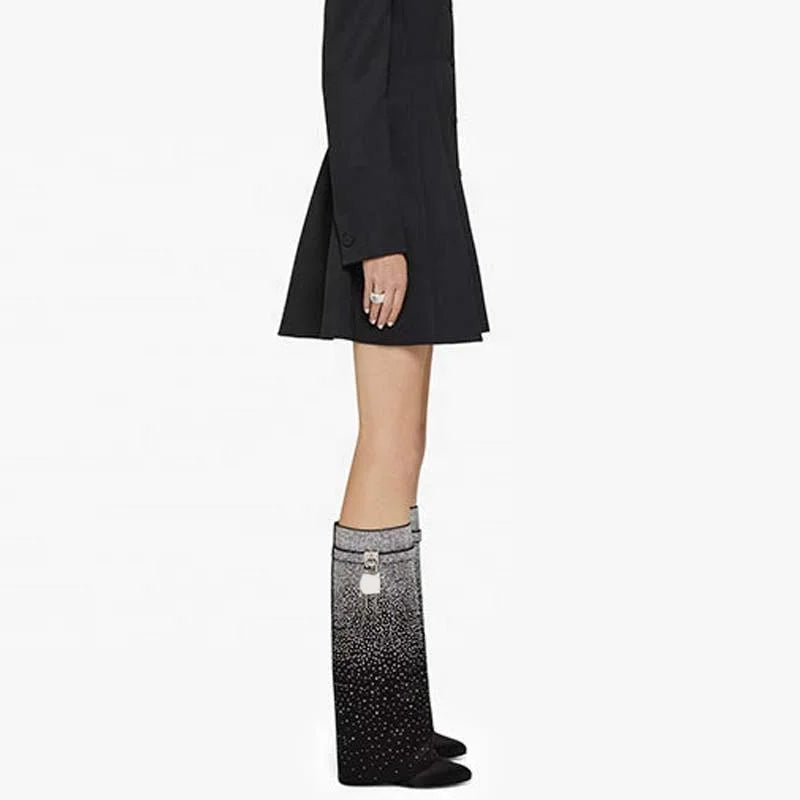 Lock Shark Wedge Heels Overlay Long Boots Knee High Booties Women Round Toe Bling Diamonds Pants Shoes for Lady
