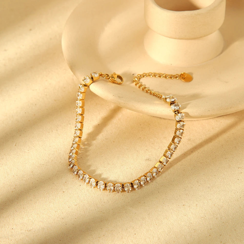 New Trendy Tarnish Free Luxury 18K Gold Plated Stainless Steel Oval Cubic Zircon Micro CZ Tennis Chain Bracelets for Women