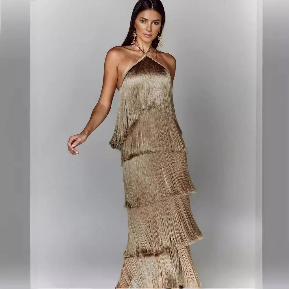 Boutique Wholesale 2026 Summer New Fashion Hanging Neck Tassel Open Back Slit Elegant Women's Dress