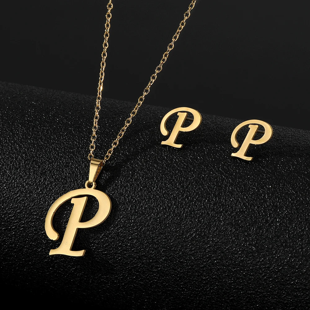 New Design Fashion Custom Letter Name Stainless Steel Earrings Necklace Jewelry Set Wholesale