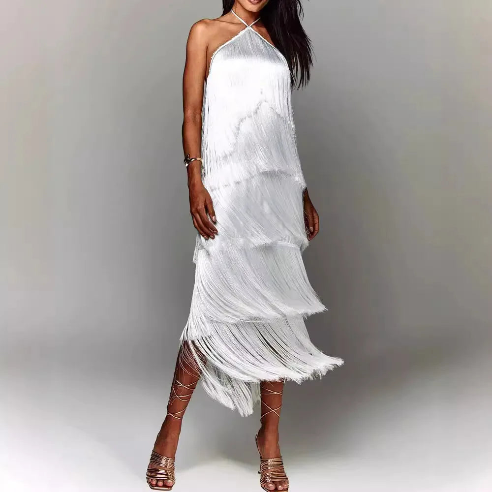 Boutique Wholesale 2026 Summer New Fashion Hanging Neck Tassel Open Back Slit Elegant Women's Dress