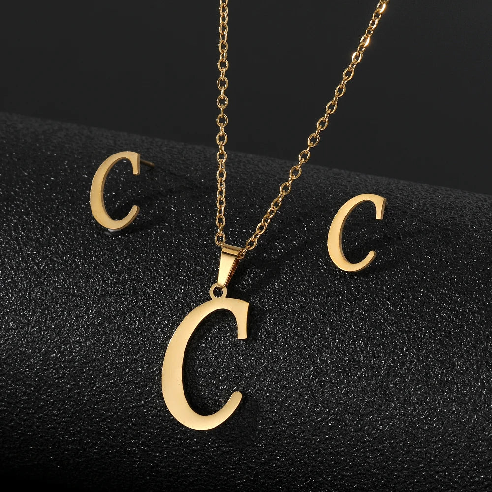New Design Fashion Custom Letter Name Stainless Steel Earrings Necklace Jewelry Set Wholesale