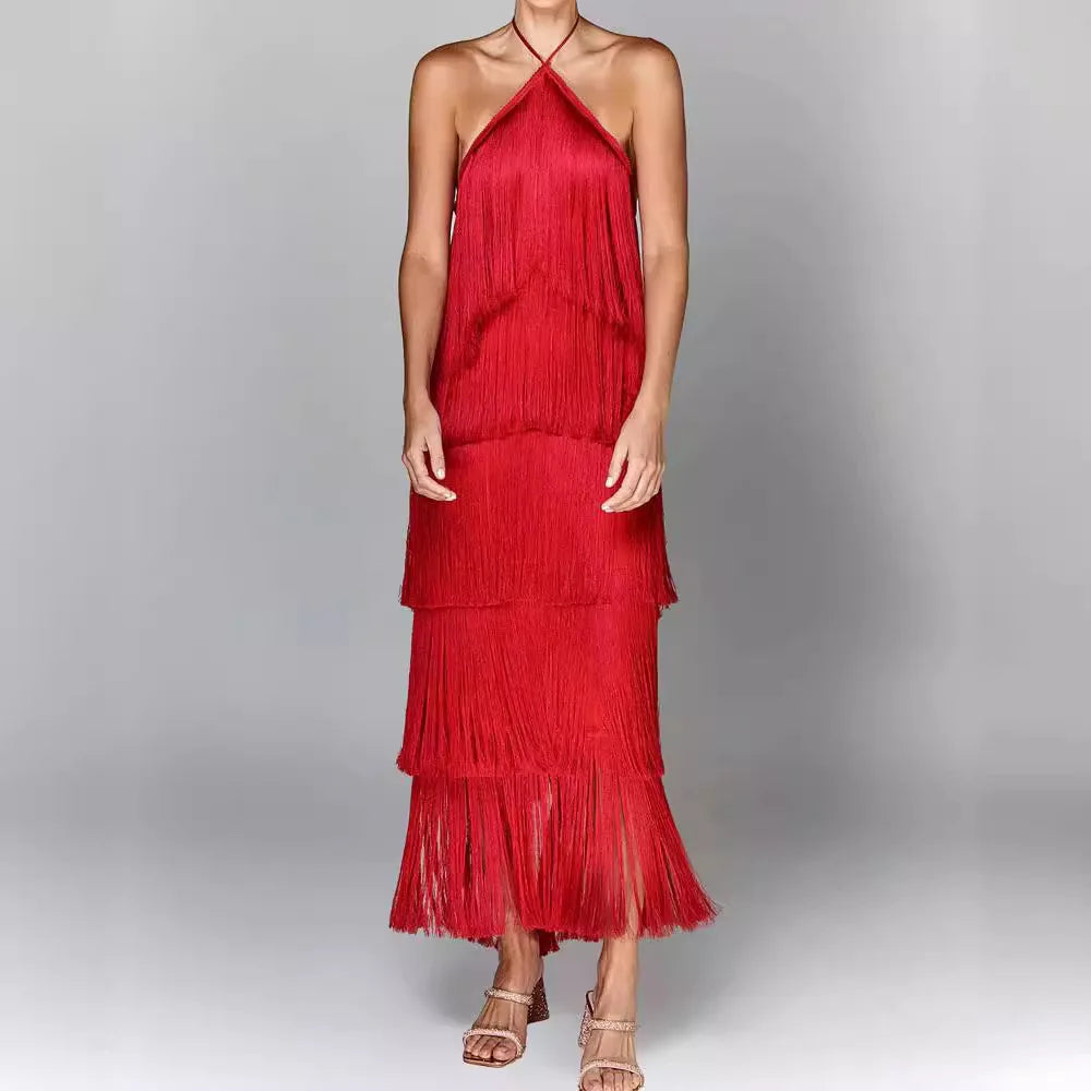 Boutique Wholesale 2026 Summer New Fashion Hanging Neck Tassel Open Back Slit Elegant Women's Dress