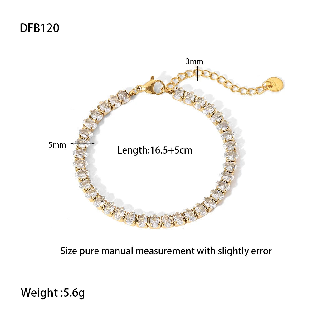 New Trendy Tarnish Free Luxury 18K Gold Plated Stainless Steel Oval Cubic Zircon Micro CZ Tennis Chain Bracelets for Women